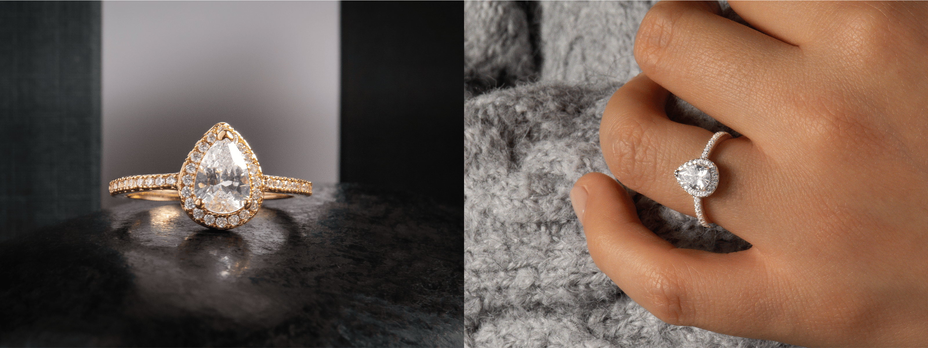 bague solitaire Prisme en argent 925 rhodié posé sur un rocher noir et autre porté sur une main