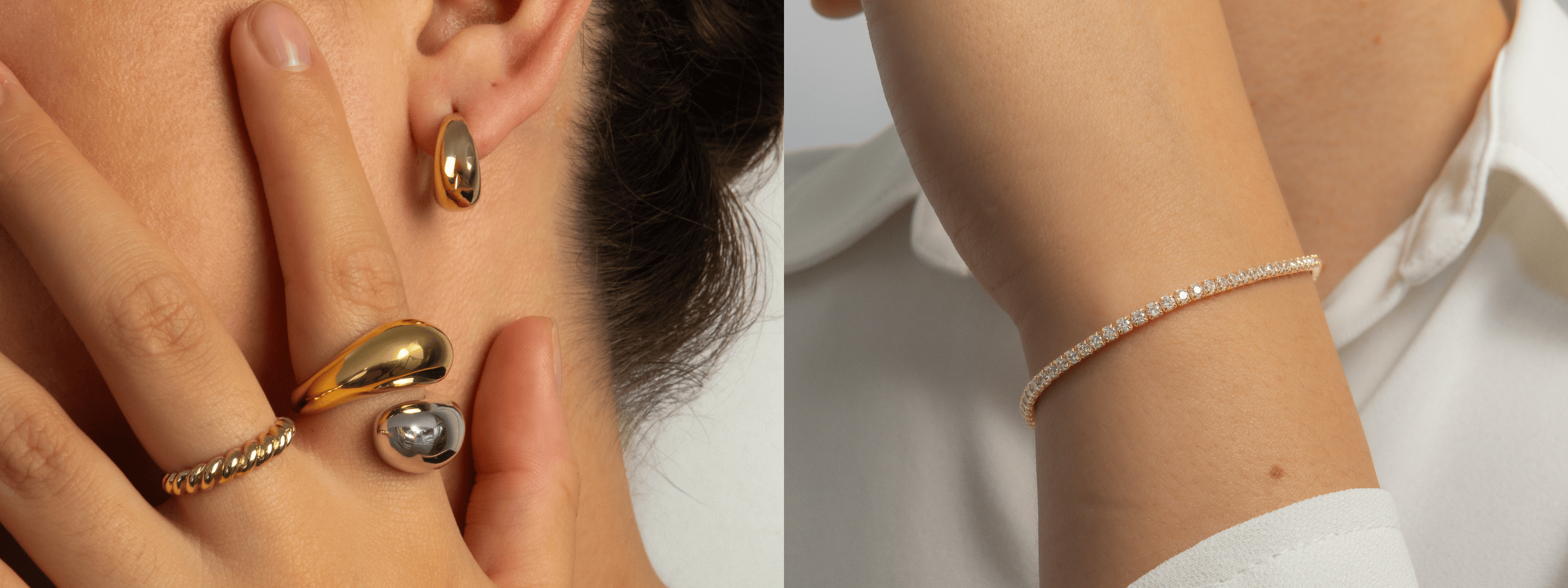 Bijoux en plaqué or et argent 925 : bagues design, bracelet fin serti de zirconium et boucles d’oreilles modernes pour femme